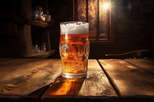 Photo wooden table with light beer in glass