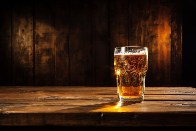 Wooden Table with Light Beer in Glass