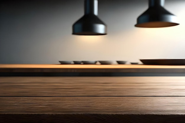 A wooden table with a light above it and a lamp above it.