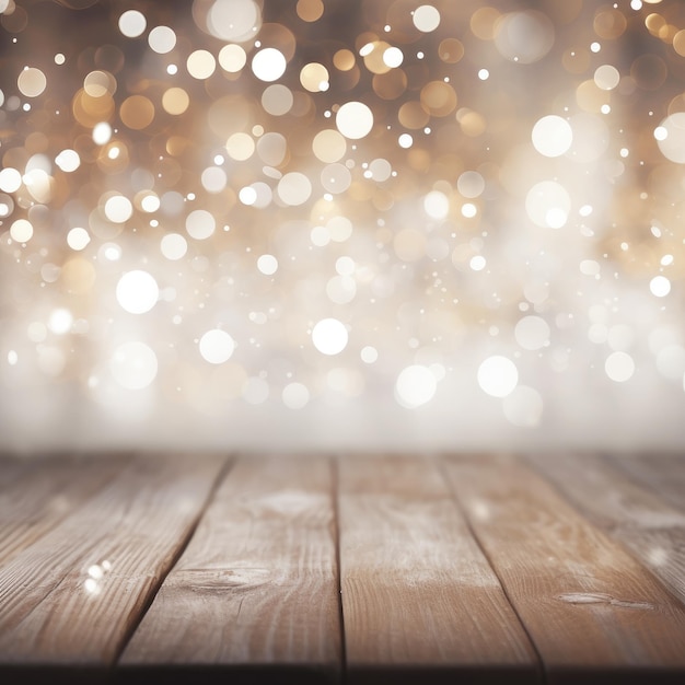 A wooden table with lights and a background of stars.