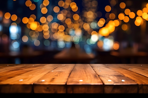 A wooden table with lights in the background