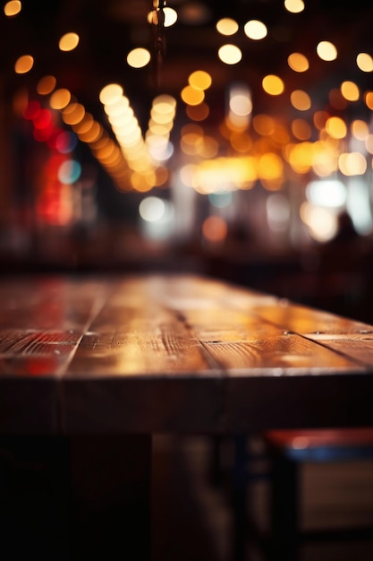 A wooden table with lights in the background