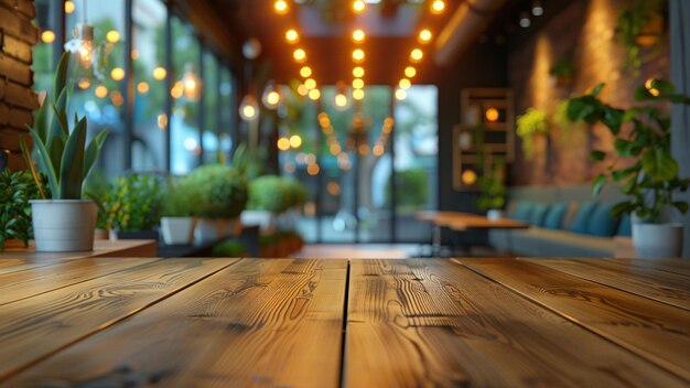 a wooden table with lights on it and a place for text on it