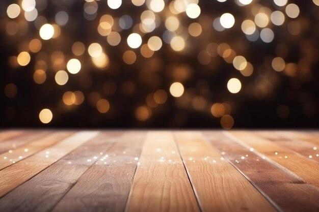 a wooden table with lights on it and a wooden floor with lights behind it.