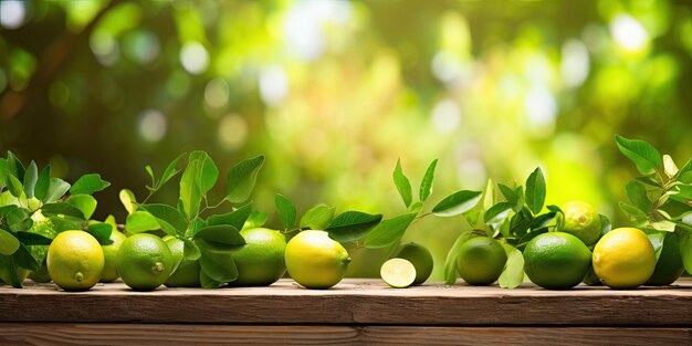 写真 製品ディスプレイの組み立てのための庭でライムと緑のレモンの木製のテーブル