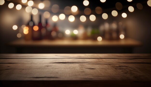 A wooden table with a lit up light in the background