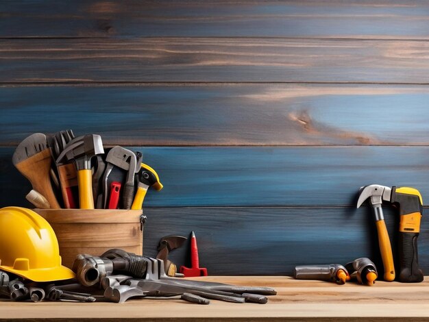 Photo a wooden table with a lot of tools and a yellow tool