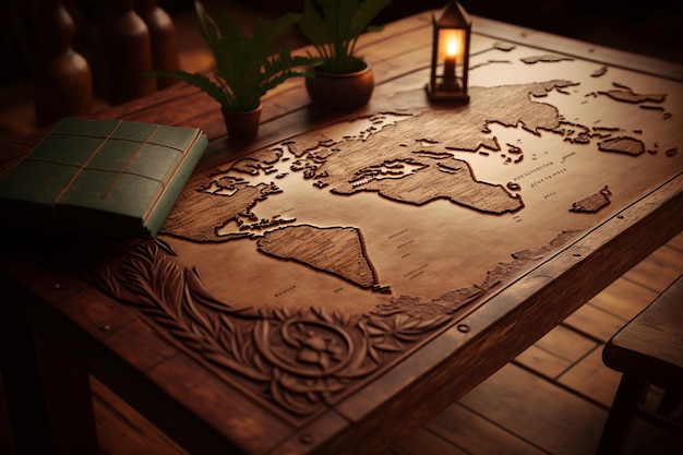 A wooden table with a map of the world on it