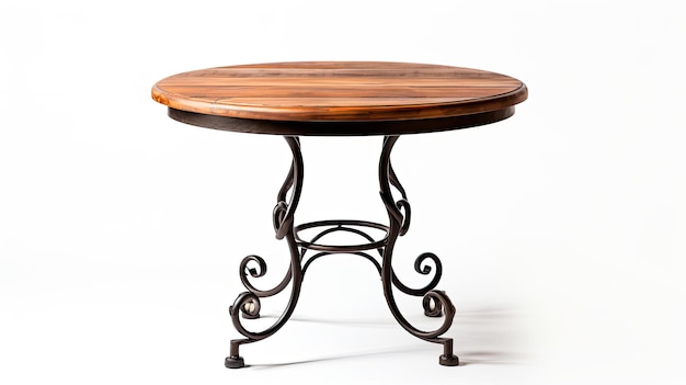 деревянный стол с металлической рамой и круглой вершиной.
