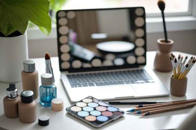 Wooden table with modern laptop and makeup products in room