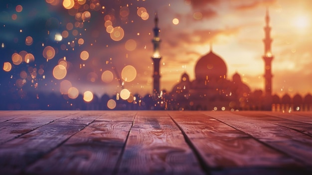 a wooden table with a mosque in the background