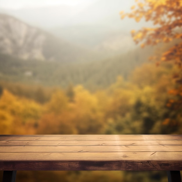 A wooden table with a mountain view in the background