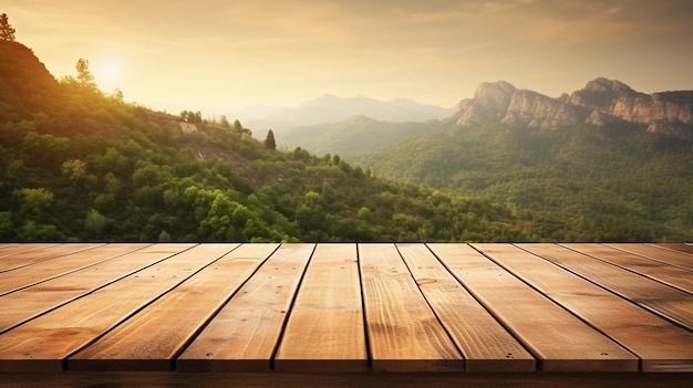 a wooden table with a mountain view in the background