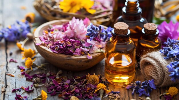 Wooden Table With Oil Bottles and Flowers