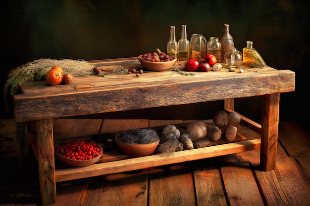 a wooden table with olive oil tomato and herbs