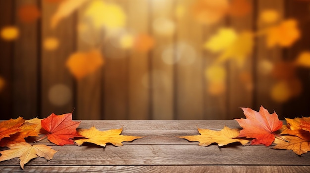 wooden table with orange leaves autumn blur background