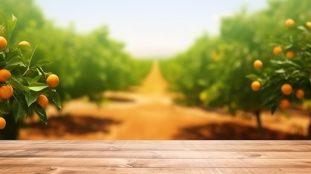 Photo wooden table with orange tree in orange grove orchard