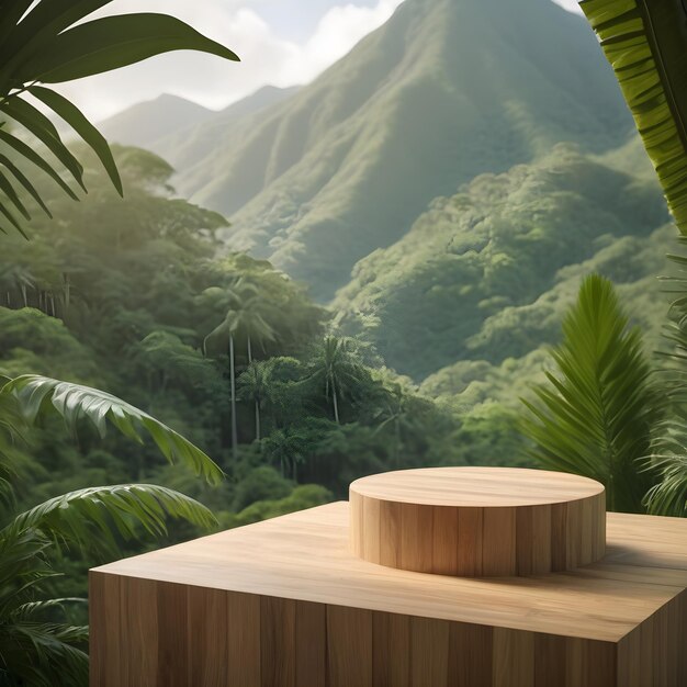 a wooden table with a palm tree in the background