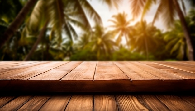 A wooden table with a palm tree in the background