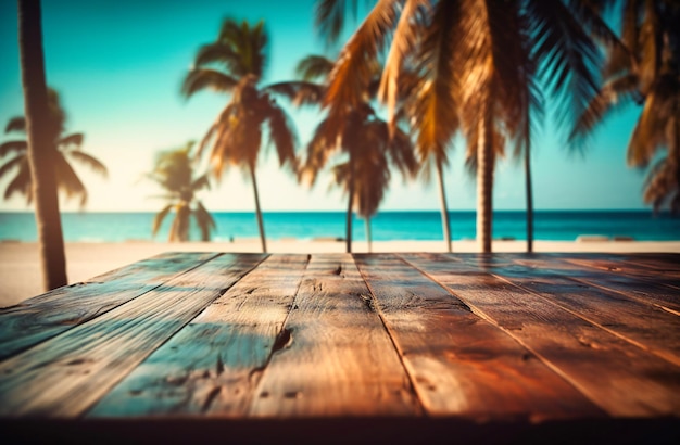 A wooden table with palm trees and the beach in the background