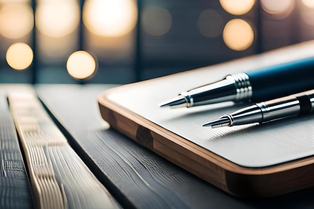 A wooden table with pens on it and a pen on top of it.