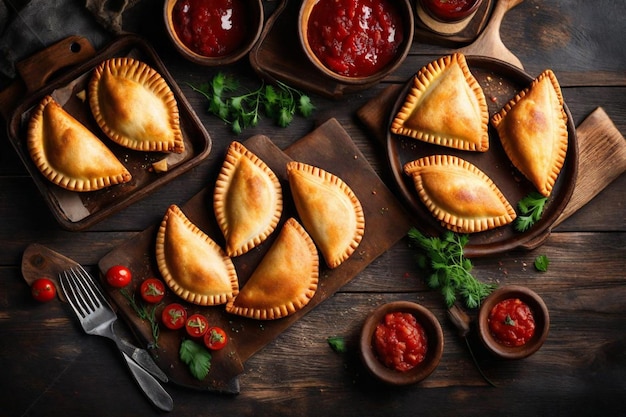 Photo a wooden table with pies and pies on it and a knife on the table