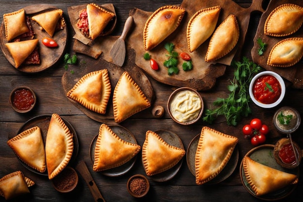 Photo a wooden table with pies and pies on it