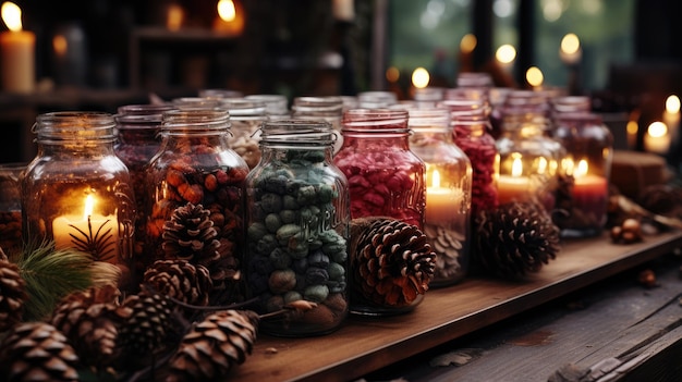 A wooden table with pine cones and candles in jars on top Generative Ai