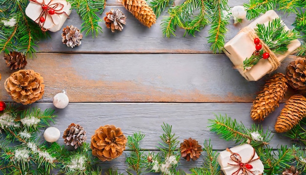 A wooden table with pine cones