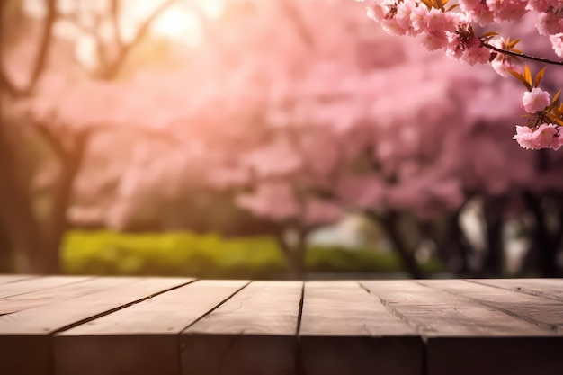 A wooden table with a pink flower in the background