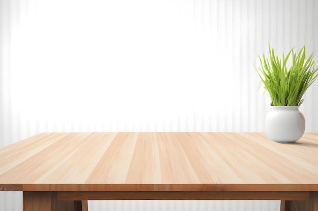 A wooden table with a plant in the corner