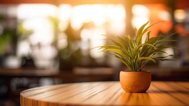 A wooden table with a plant in it and a blurred