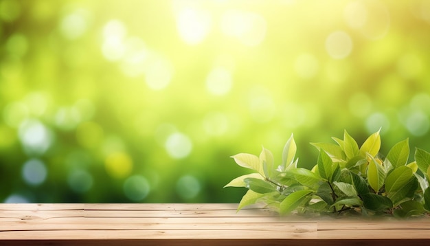 A wooden table with a plant on it and a green background