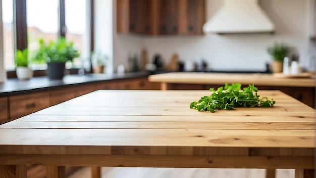 a wooden table with a plant on it and a window in the background