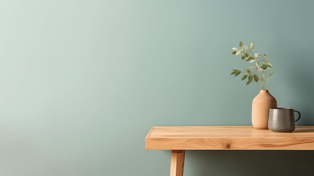 A wooden table with a plant on it