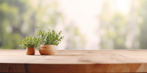 A wooden table with a plant in the middle and a green plant in the middle.