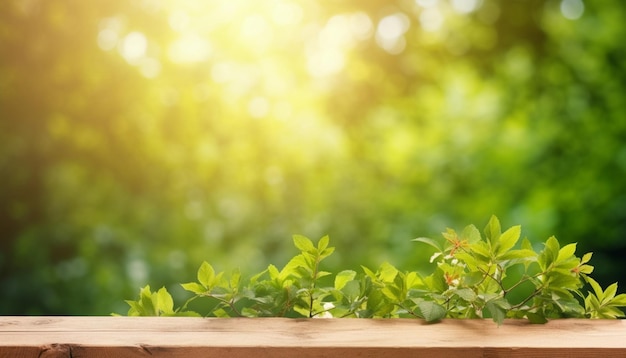 A wooden table with a plant in the middle of it