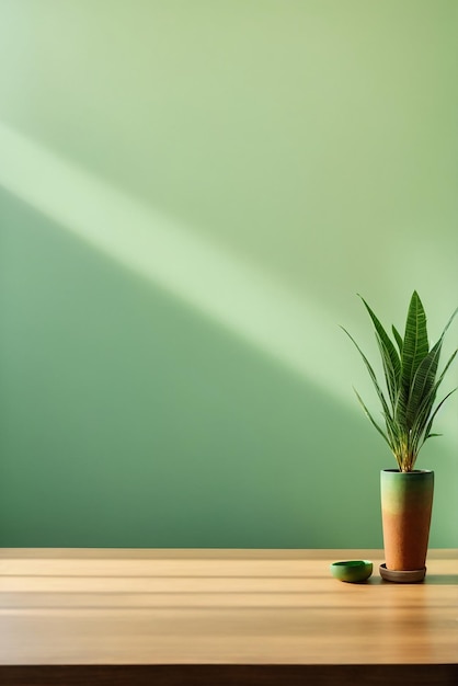 Wooden table with plant pot on light green wall with shadow of sunlight background High quality photo