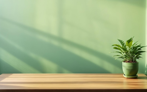 Wooden table with plant pot on light green wall with shadow of sunlight background High quality photo