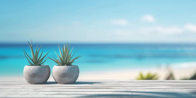 Wooden table with plant vases with sea view background