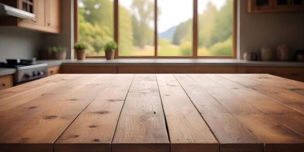 a wooden table with plants on it and a window behind it