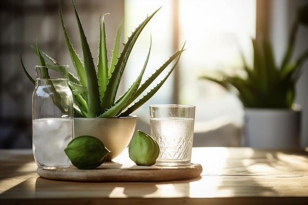 Wooden table with a pot of aloe vera next to a glass jar and a plant