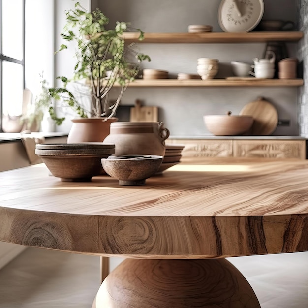 A wooden table with pots on it and a clock on the wall behind it.