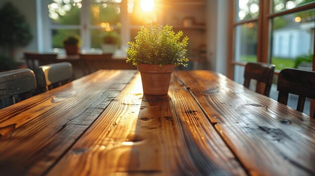 Photo wooden table with potted plant