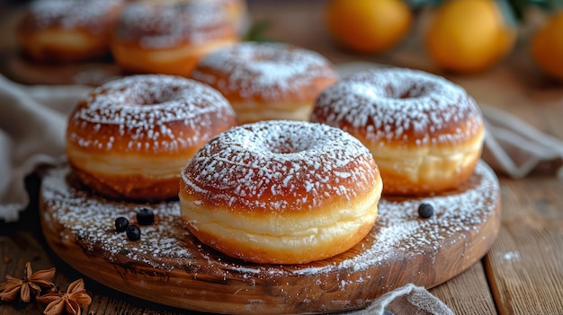 Wooden Table With Powdered Sugar Donuts