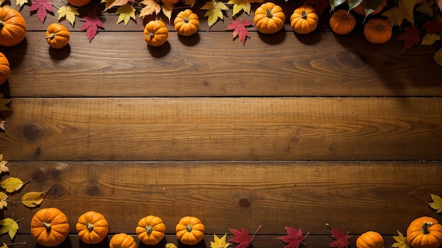 a wooden table with pumpkins on it and a few leaves on it.