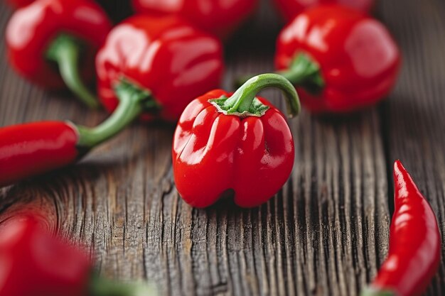 a wooden table with red peppers on it and a wooden surface