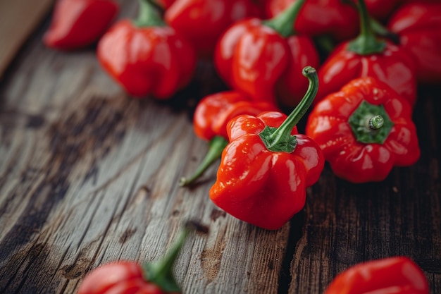 a wooden table with red peppers on it