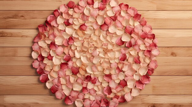 Photo a wooden table with a rose petal border