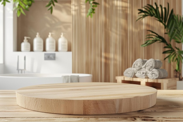 a wooden table with a round wooden board on it